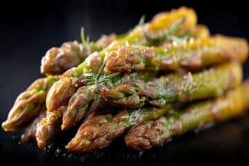 Freshly cooked asparagus with herbs on a black surface in a rustic kitchen setting