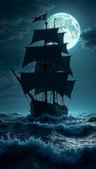 Obraz premium Black Pirate Ship at Sea at Night with Moonlight and Stormy Sky, Cinematic Adventure Scene ( Ai Generated)