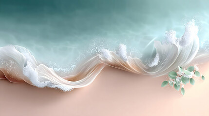 Dreamy ocean wave art with flowing fabric texture on a pink beach
