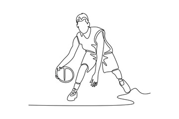 Single one line drawing sporty sportsman wear sports clothes doing dribbling training at basketball game playground court. Outdoor courtyard sport. Continuous line design graphic vector illustration