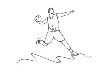 Single one line drawing attractive male basketball player makes slam dunk at sport court arena. Healthy sportsman lifestyle on competitive game. Continuous line draw design graphic vector illustration