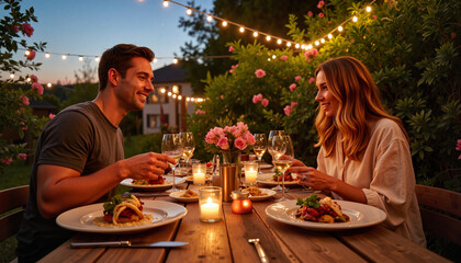 Romantic dinner under string lights in a garden  