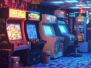 Naklejka premium Retro arcade machines glowing in neon lights, evoking nostalgic gaming atmosphere