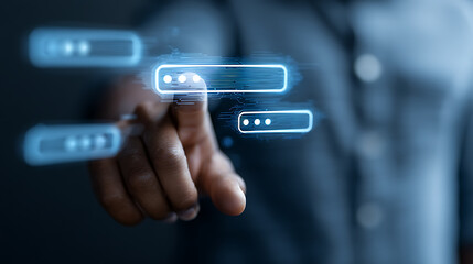Fototapeta premium Finger Pointing At Digital Login Fields Cyber Security Interface Password Protection Biometrics Authentication And Online Account Access