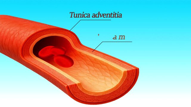 The anatomical structure of the artery wall is shown: tunica intima, tunica media, and tunica adventitia. Red blood cells are seen flowing inside the vessel. Educational video in a medical style.