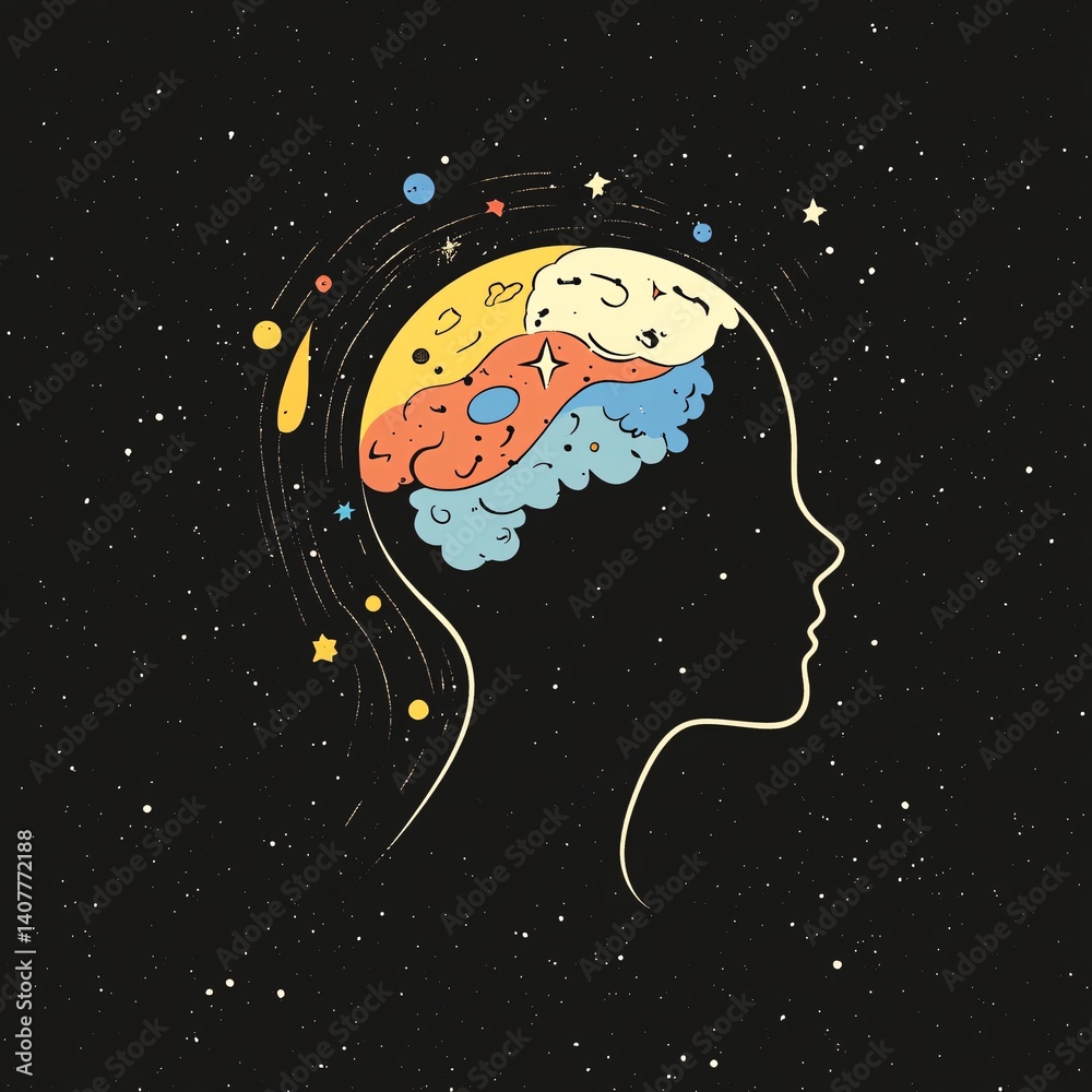 Aufkleber human head silhouette with colorful brain and universe inside representing imagination and creativit