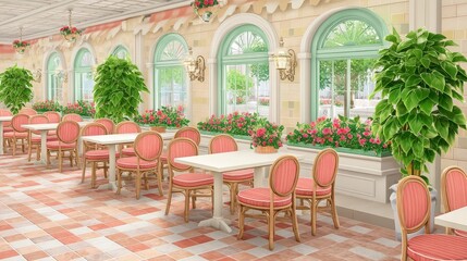 Obraz premium Sunlit Parisian Cafe Interior with Red and White Chairs