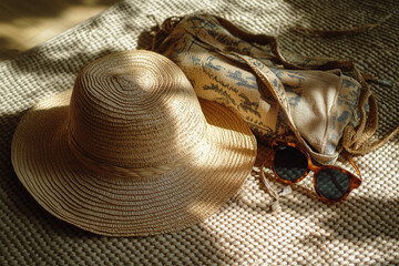 Summer Accessories in Sunlight. Straw hat, sunglasses and a bag in sunlight on a woven mat. Perfect for summer or vacation-themed designs.