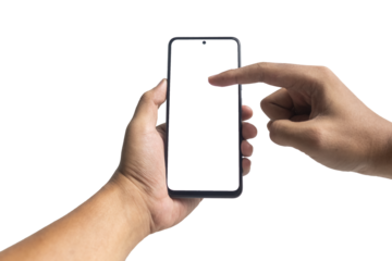male hand holding and touching smartphone with blank screen smartphone. isolated on white background. copy space. transparent png