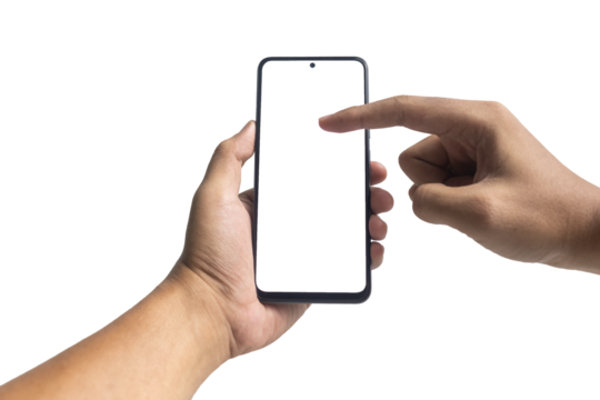 male hand holding and touching smartphone with blank screen smartphone. isolated on white background. copy space. transparent png