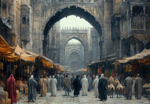 Midan mosque in Baghdad with bustling market square, people, camels, intricate architecture, Islamic design, historical religious landmark