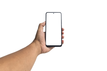 first person perspective of male hand holding smartphone with blank screen smartphone. isolated on white background. copy space. transparent png