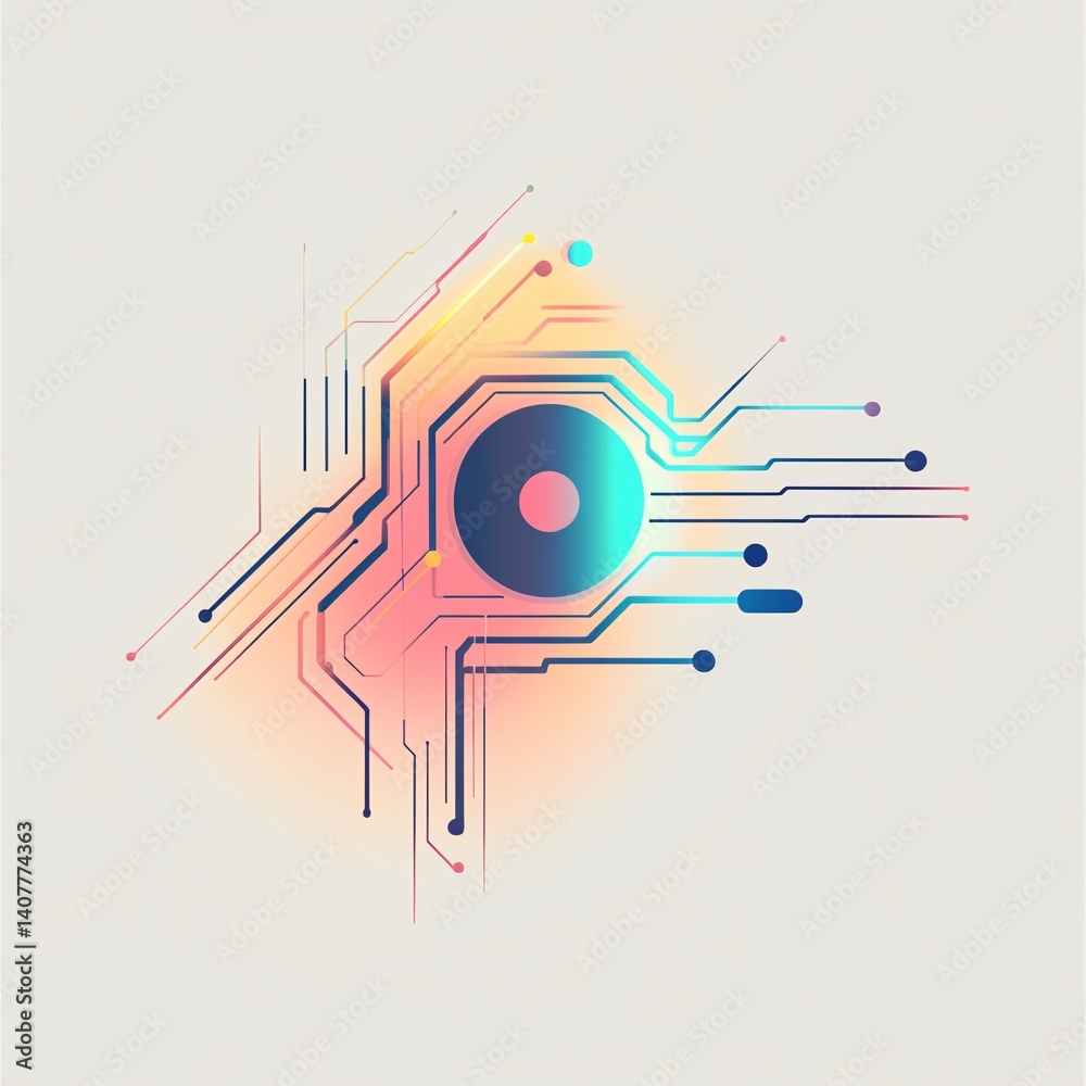 Poster electronic eye is showing futuristic digital data flowing through circuit board