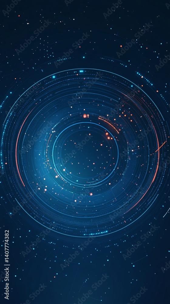 Poster glowing futuristic concentric circles rotating in digital space