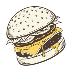 minimal, flat-style vector illustration of a juicy cheeseburger with double patties