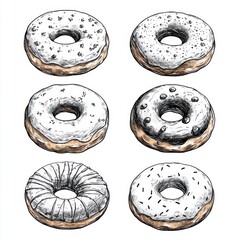 Artistic Vintage Ink Sketch Donuts Hand Drawn Illustration Set of Intricate Patterns and Textures
