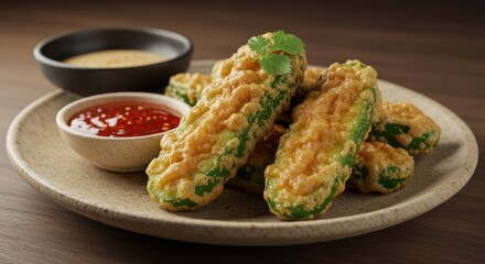 Crispy fried stuffed bitter melon with dipping sauces on ceramic plate.