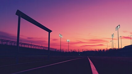A silhouette of a high-jump bar with a track lane in the background glowing from faint stadium lights and a dusk-filled sky