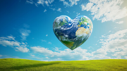 Earth day concept heart shaped globe floating over green field scene