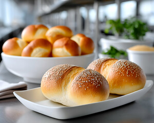 Two sesame rolls on a white plate with a bowl of similar rolls in the background