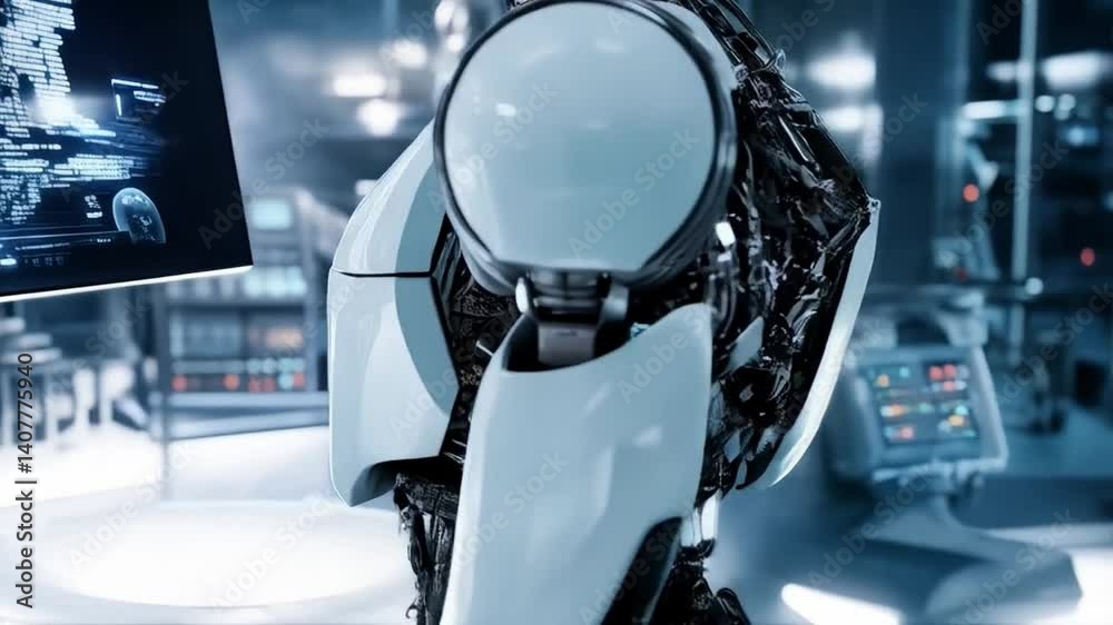 Poster A humanoid robot stands in front of a digital display, actively engaged in training modules for corporate development. The futuristic environment showcases advanced technology and robotics.