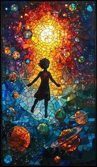 A vibrant stained glass artwork depicting a child in space surrounded by planets and stars under a glowing sun.