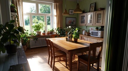 Obraz premium Sunny vintage kitchen with plants and garden view