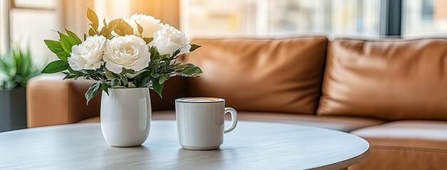 Bright sunlight filters through a window illuminating a cozy living room with a vase of white roses and a warm cup of coffee on a wooden table