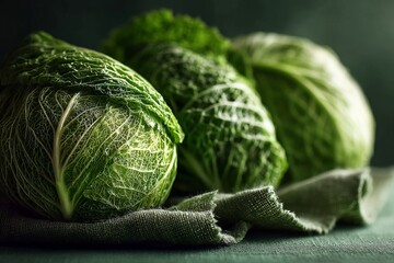 Fototapeta premium Freshly harvested green cabbages displayed on a rustic cloth in soft natural light