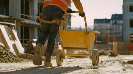 Construction worker transporting materials on a wheelbarrow. Featuring teamwork and hard work