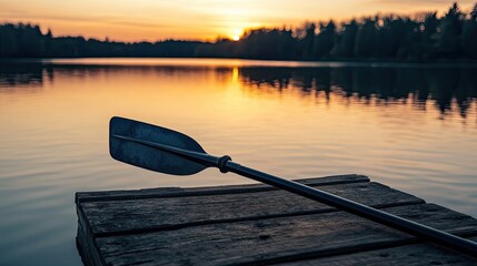 A silhouette of a rowing oar resting diagonally against a weathered pier