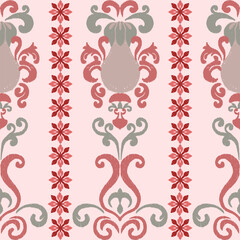 A decorative floral pattern featuring intricate designs in shades of red, pink, and gray, ideal for wallpaper or fabric applications.