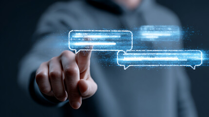Digital Communication Concept With Person Touching Virtual Chat Bubbles Featuring Binary Code Streamlines And Glowing Light Effects Demonstrating Modern Technology