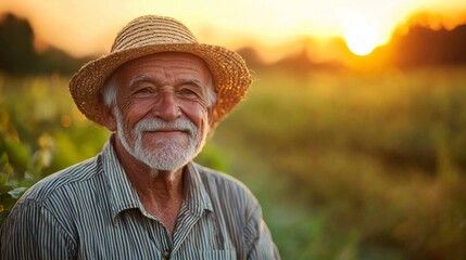 Fototapeta premium A man wearing a straw hat and smiling in a field