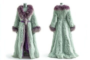 Luxurious mint-colored long fur coat on a mannequin, featuring a plush purple collar and cuffs, evokes elegance and opulence.