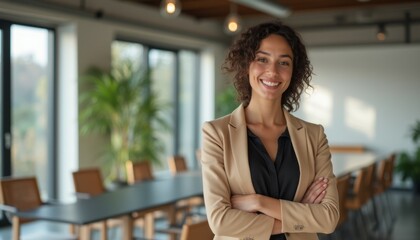 A poised businesswoman with curly hair stands confidently in a sleek, modern office, exuding professionalism and warmth. Her friendly smile and crossed arms convey assurance, while the bright, airy