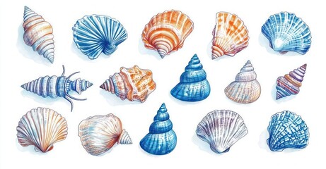 Vintage Engraved Seashell Illustrations Collection in Pastel Shades for Nautical Decor