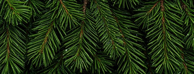 Close-up view of fresh evergreen branches after rain showcasing droplets and vibrant greenery in a natural setting