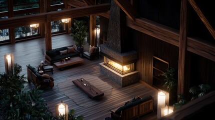 Luxurious wooden lodge interior at night, warm fire, open-concept living room