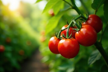 Luscious red tomatoes, heavy cluster, greenhouse glow, growth, delicious