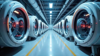 Futuristic Industrial Facility Featuring Rows of Advanced Cylindrical Machines with Illuminated Inner Mechanisms