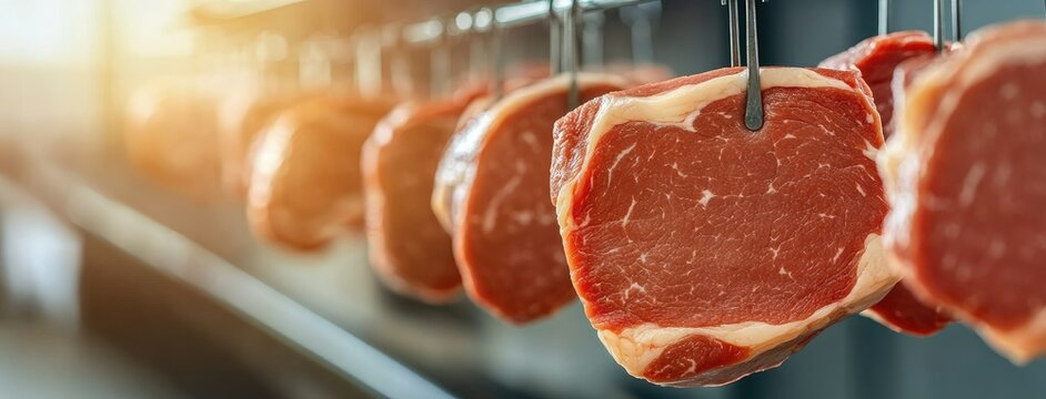 Fresh cuts of beef hanging in a butchery display during daylight, showcasing quality meat preparation techniques and artisanal craftsmanship