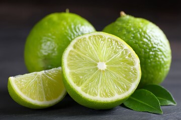 Fresh limes cut open on a dark surface showcasing bright green flesh and zesty aroma in kitchen setting