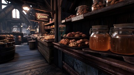 Rustic bakery shop interior, displaying goods, with sunny window