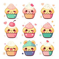 Delightful pastel cupcake collection with smiling faces whimsical bakery digital art cheerful vibe