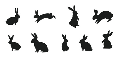 Easter holiday bunnies silhouette set in different shapes and actions isolated on white background. Cartoon vector illustration of rabbits and hares element.