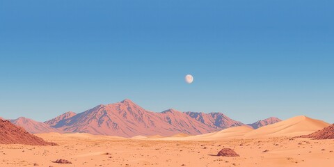 Naklejka premium Tranquil Desert Landscape Under Full Moon, Majestic Mountains and Shifting Sands. Serene Night Sky. Calm Peaceful Scene.