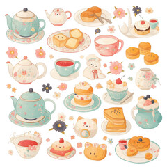 Delightful tea time dessert set with scones cream puffs and more cozy kitchen illustration whimsical style