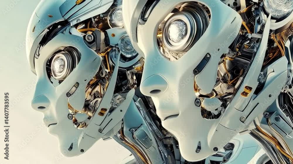 Fototapete Humanoid robots showcase cutting-edge design as they undergo extensive training focused on enhancing their capabilities for corporate applications in a futuristic laboratory environment.
