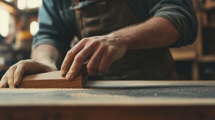 Carpenter sanding wooden furniture in workshop. Featuring craftsmanship and focus